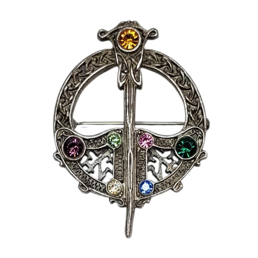 Estate Silver-Tone Multi-Colored Rhinestone Celtic Tara Kilt Sword Shield Brooch